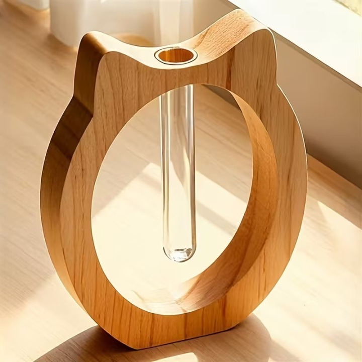 Katzenvase aus Holz mit Glasröhrchen – Dekovase Katzen-Design | Boxenshop