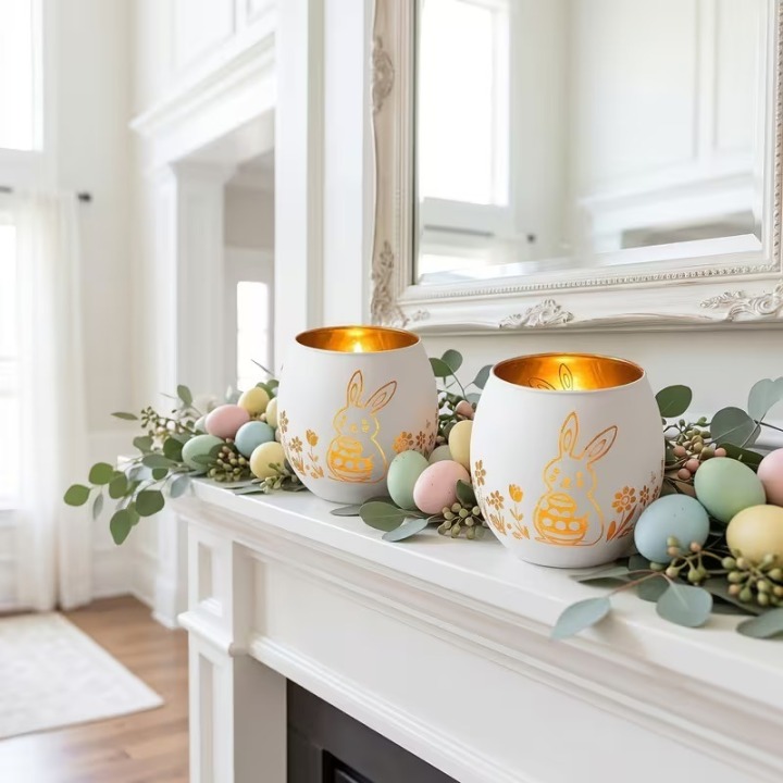 Oster-Teelichthalter Keramik – Ei-Design mit goldenem Hasen | Boxenshop Chemnitz