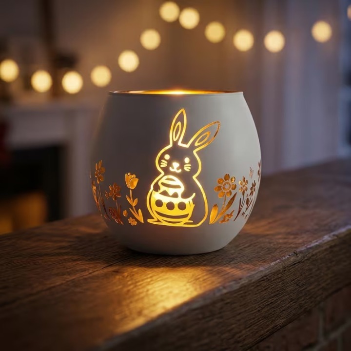 Oster-Teelichthalter Keramik – Ei-Design mit goldenem Hasen | Boxenshop Chemnitz