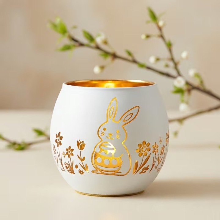 Oster-Teelichthalter Keramik – Ei-Design mit goldenem Hasen | Boxenshop Chemnitz