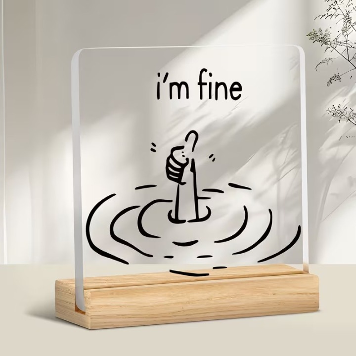 Tischdeko Acrylschild „i'm fine" mit Holzsockel – Schreibtischdeko | Boxenshop Chemnitz